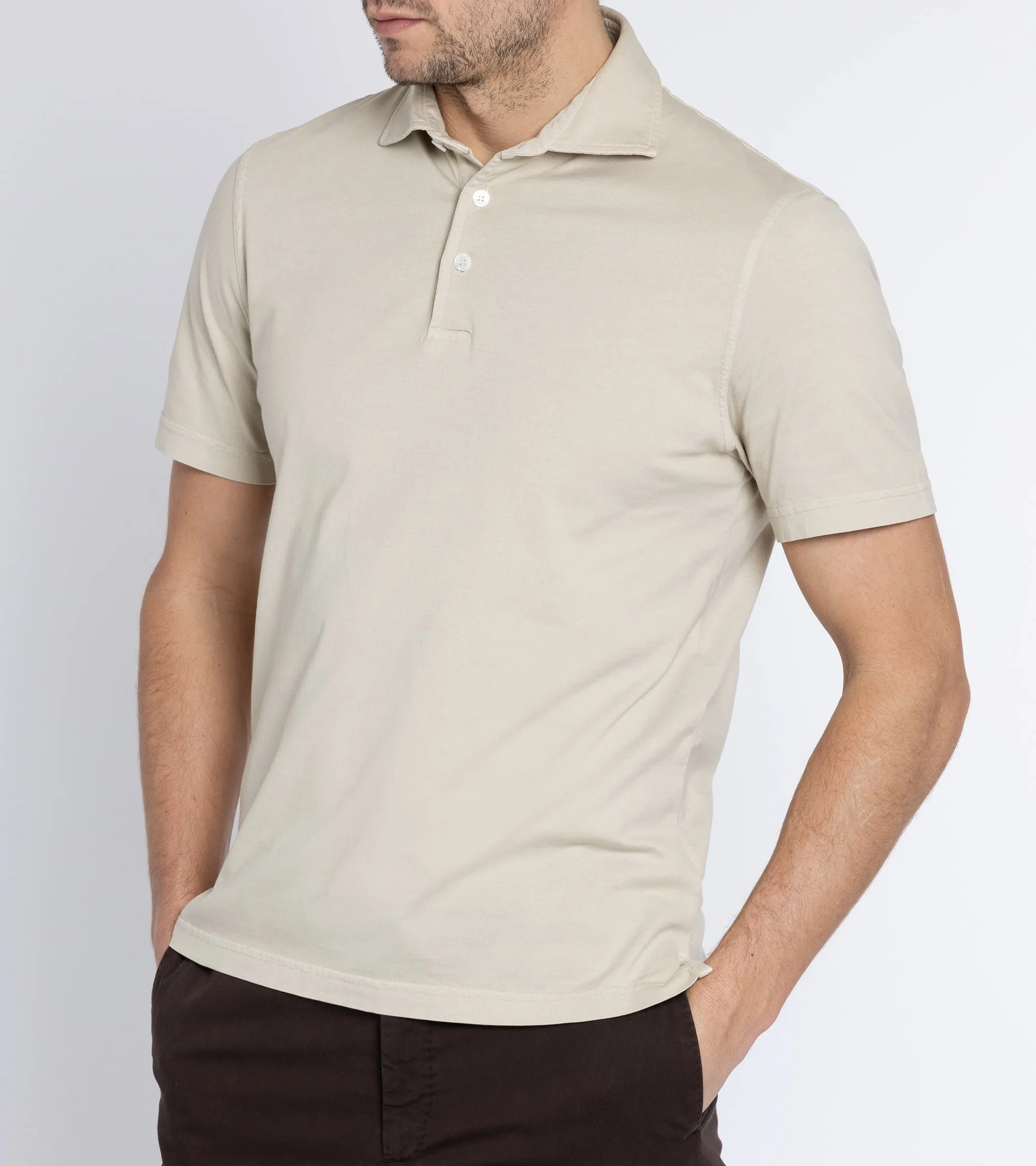Fedeli Zero Cotton Jersey Short Sleeve Polo Shirt: Stone