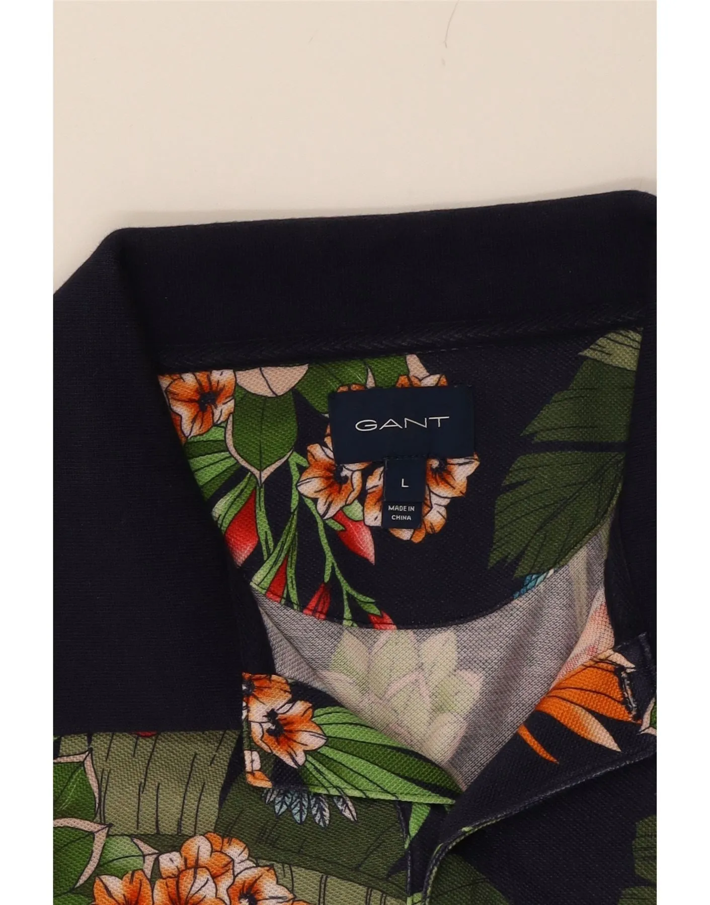 GANT Mens Polo Shirt Large Navy Blue Floral Cotton Tropical