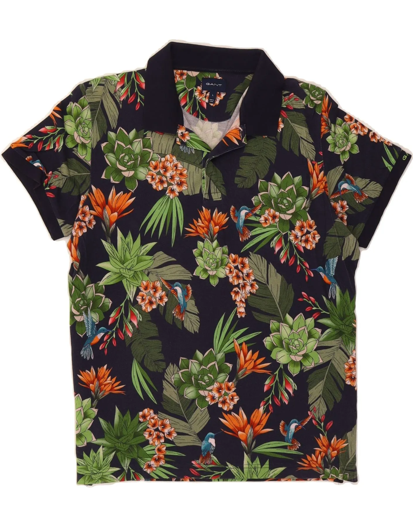 GANT Mens Polo Shirt Large Navy Blue Floral Cotton Tropical