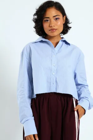 Long Sleeve Yarn Dyed Crop Shirt - Blue