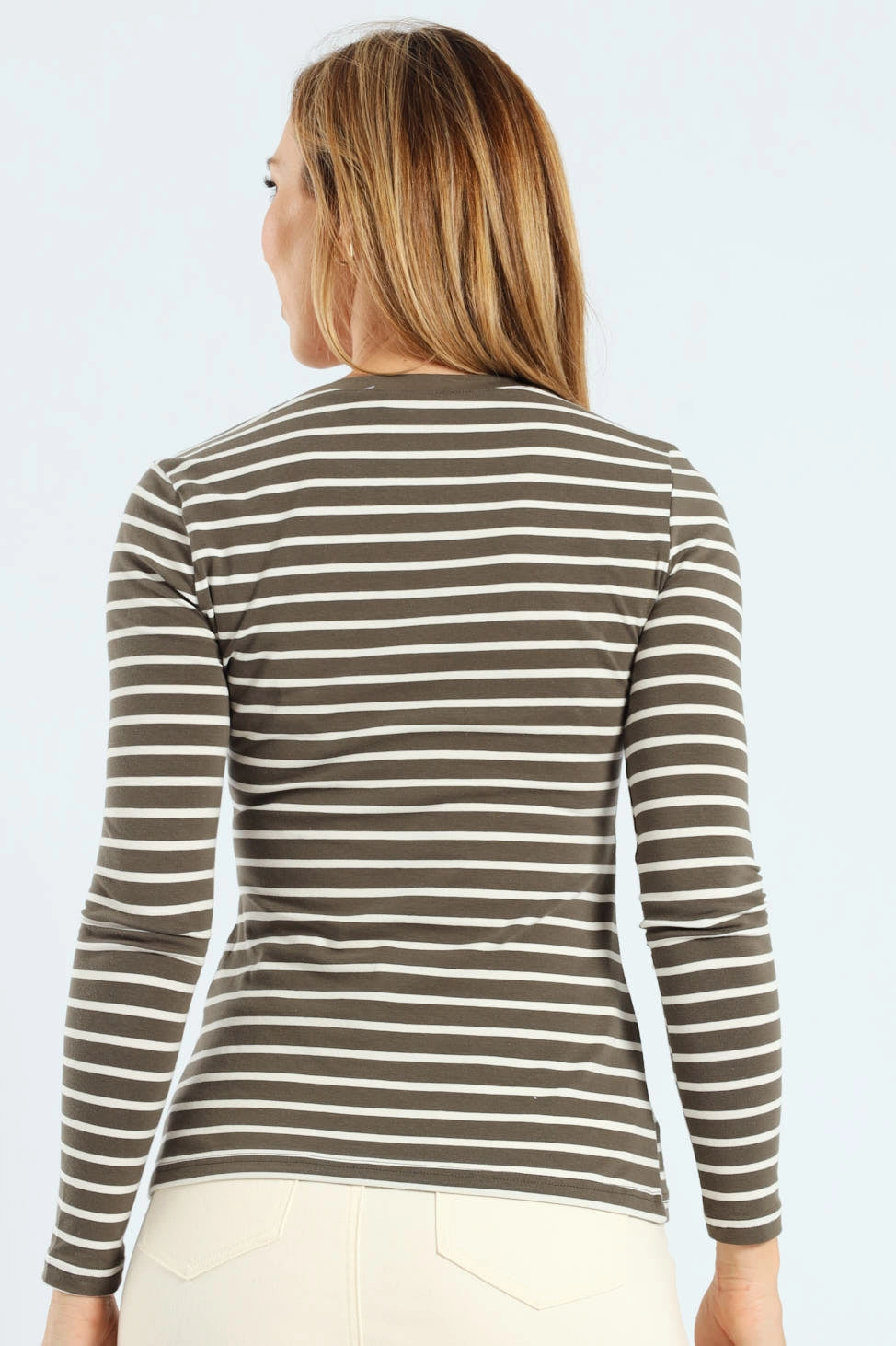 Long Sleeve Cotton Lycra Striped Crew Top - Dark Fatigue/Cream