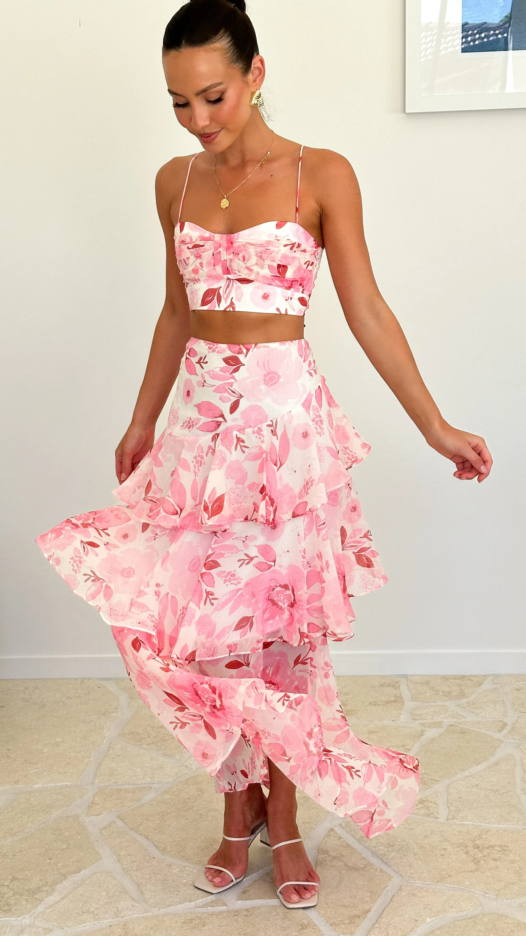 Maeva Crop Top - Pink / White Print