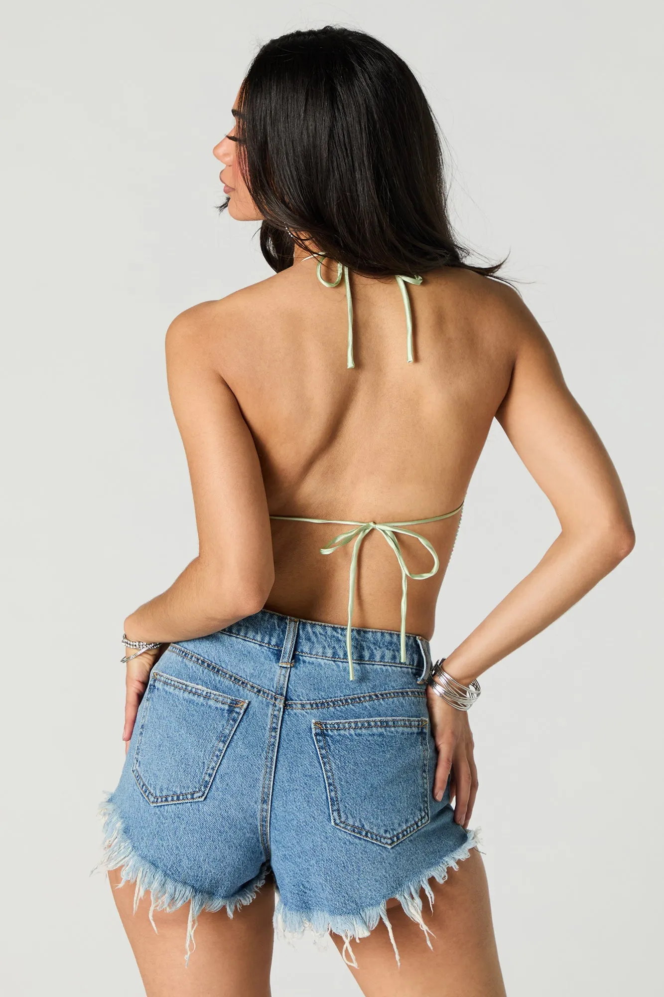 Metal Rhinestone Cowl Neck Crop Top