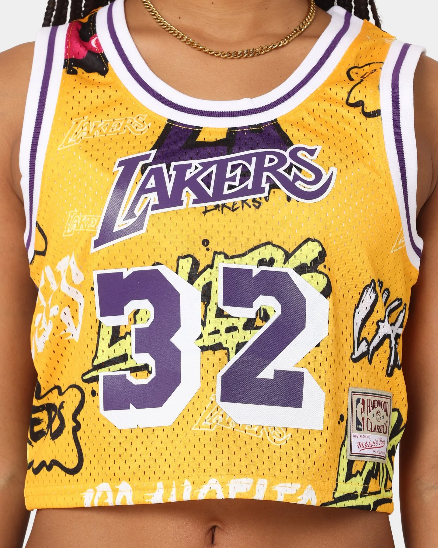 Mitchell & Ness Women's Magic Johnson Los Angeles Lakers Slap Sticker Crop Tank Yellow