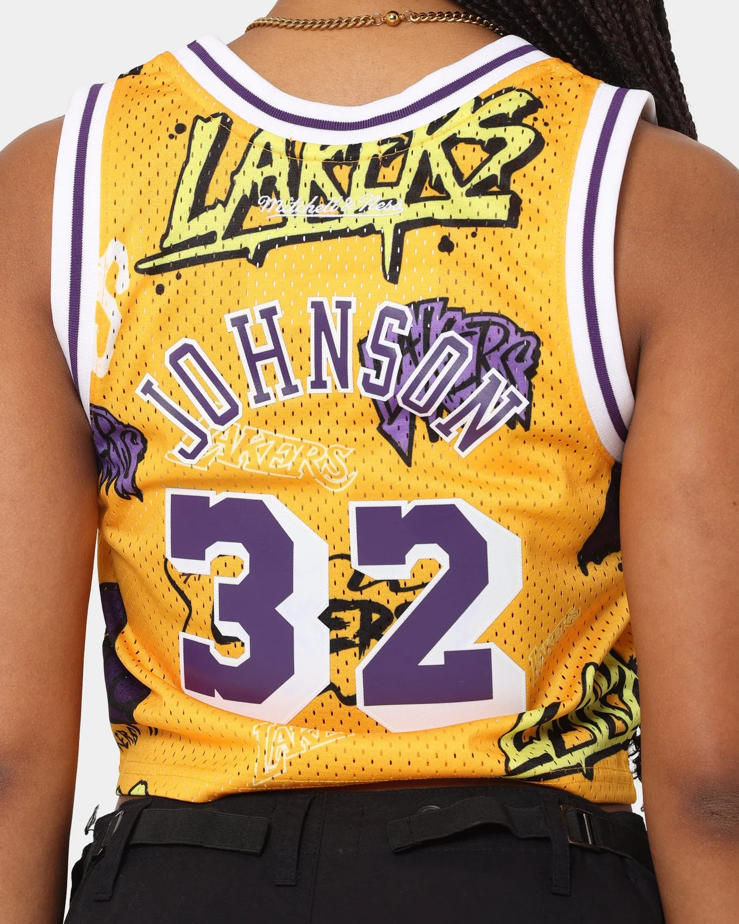 Mitchell & Ness Women's Magic Johnson Los Angeles Lakers Slap Sticker Crop Tank Yellow