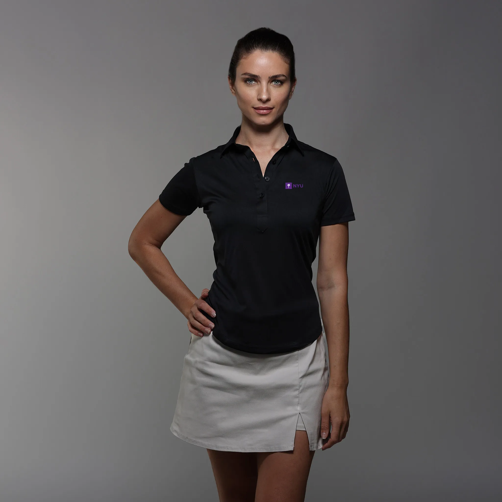 New York University Women's Cap Sleeve Semi Spread Polo Black