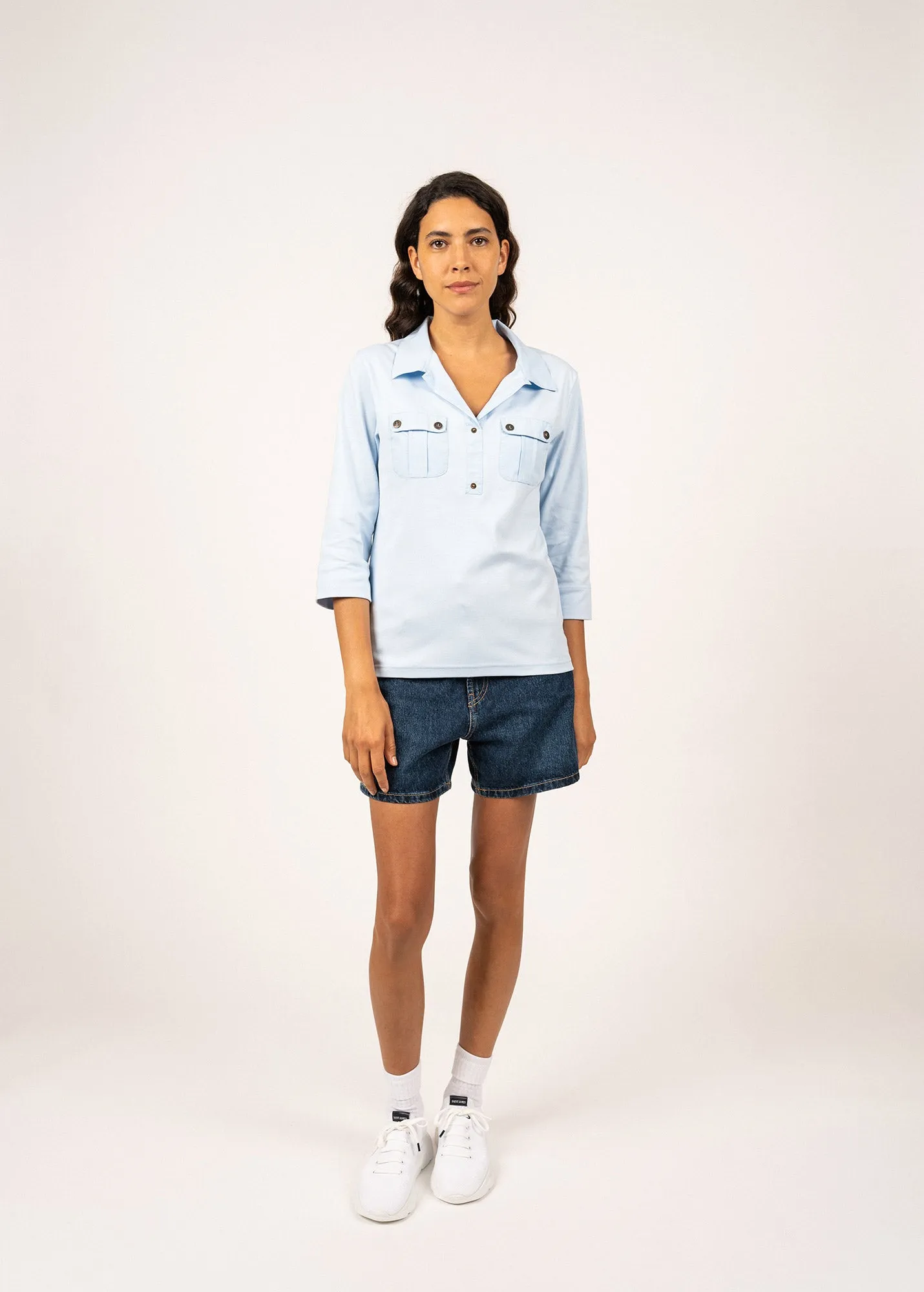 OLERON - Polo Shirt with ¾ Sleeve | 100% Cotton | Comfort Fit (LIGHT BLUE)