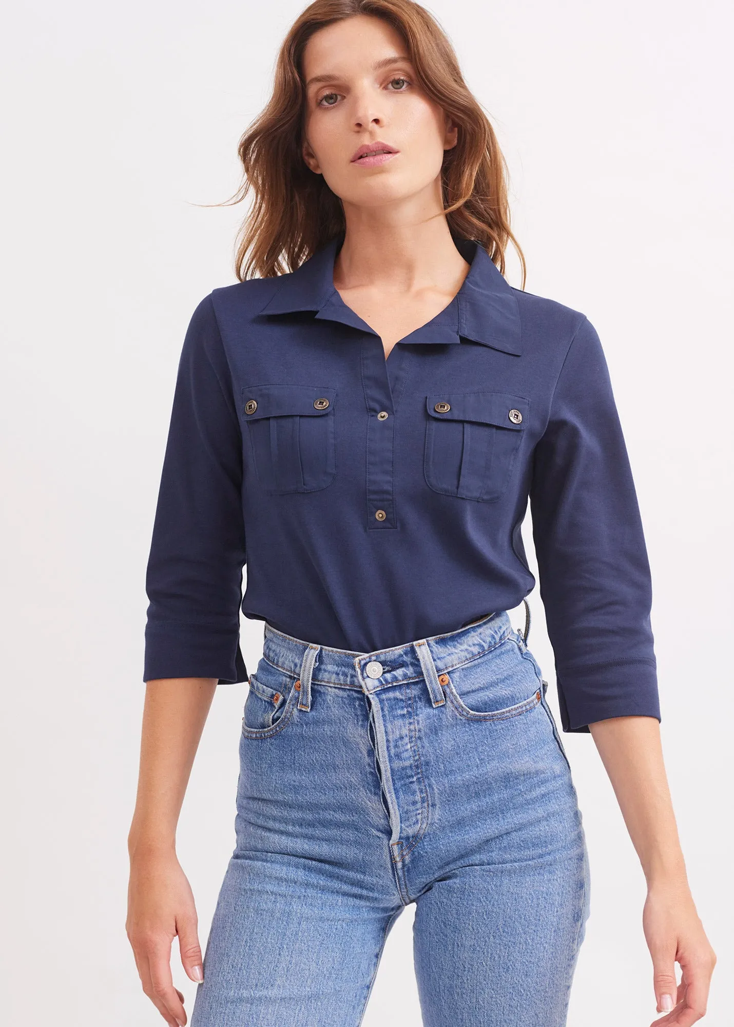 OLERON - Polo Shirt with ¾ Sleeve | 100% Cotton | Comfort Fit (NAVY)