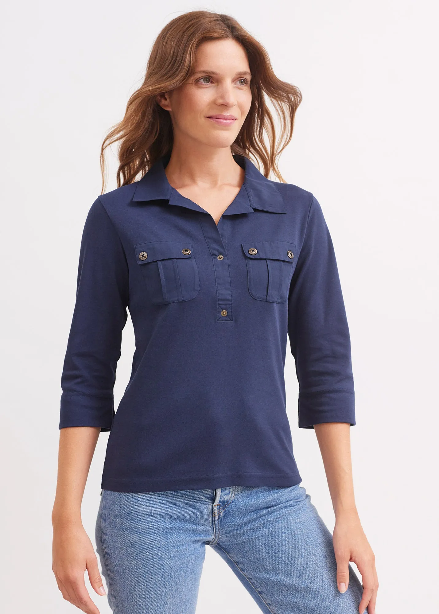 OLERON - Polo Shirt with ¾ Sleeve | 100% Cotton | Comfort Fit (NAVY)