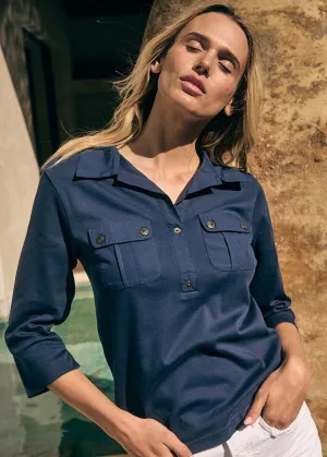 OLERON - Polo Shirt with ¾ Sleeve | 100% Cotton | Comfort Fit (NAVY)