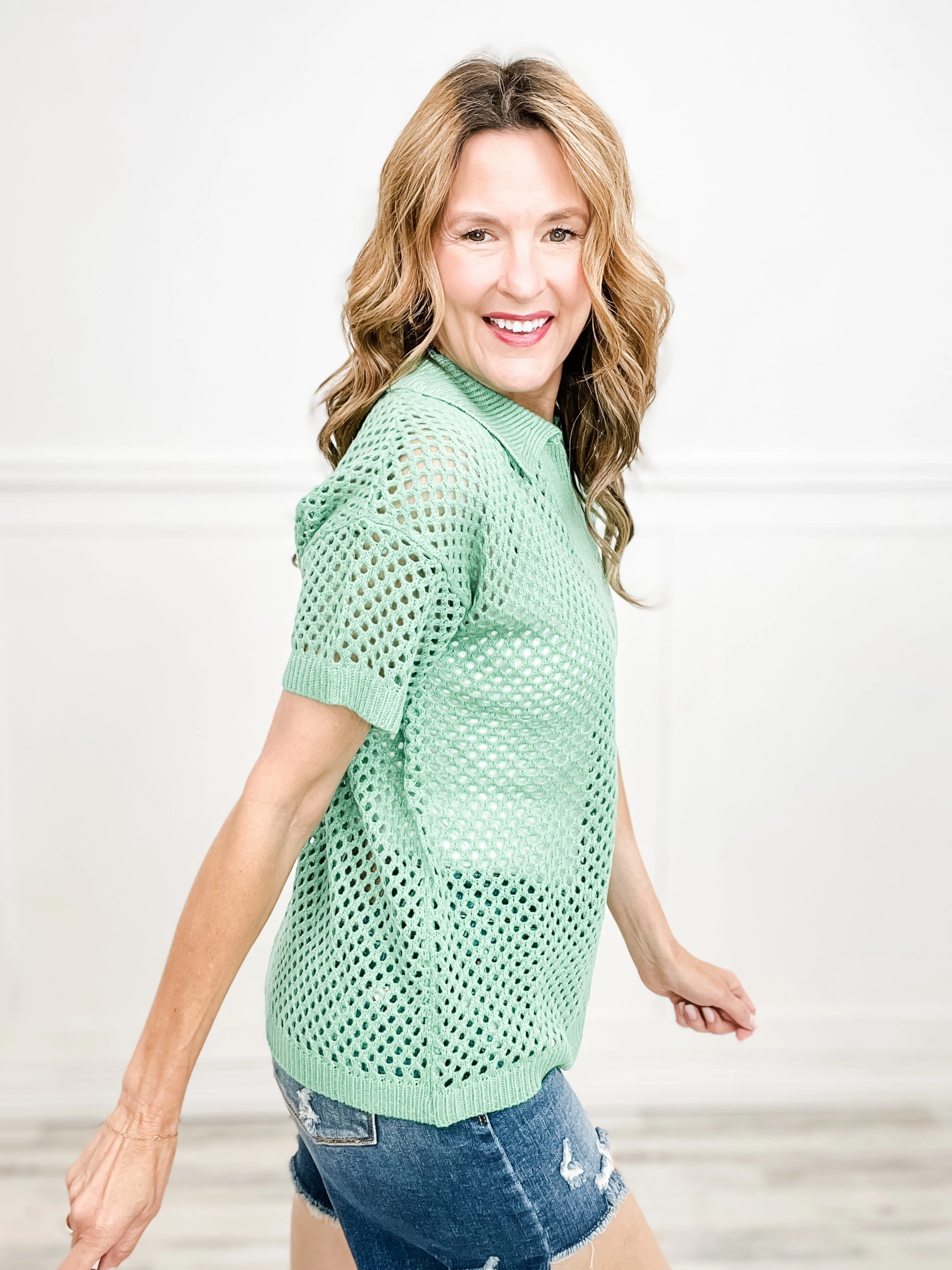 One More Time Short Sleeve Mesh Like Polo Top