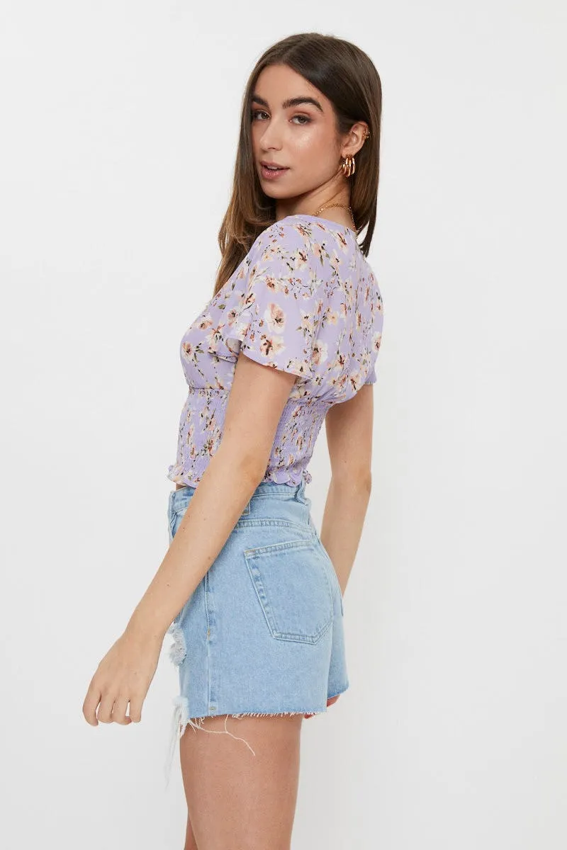 Print Print Front Button Shirred Top