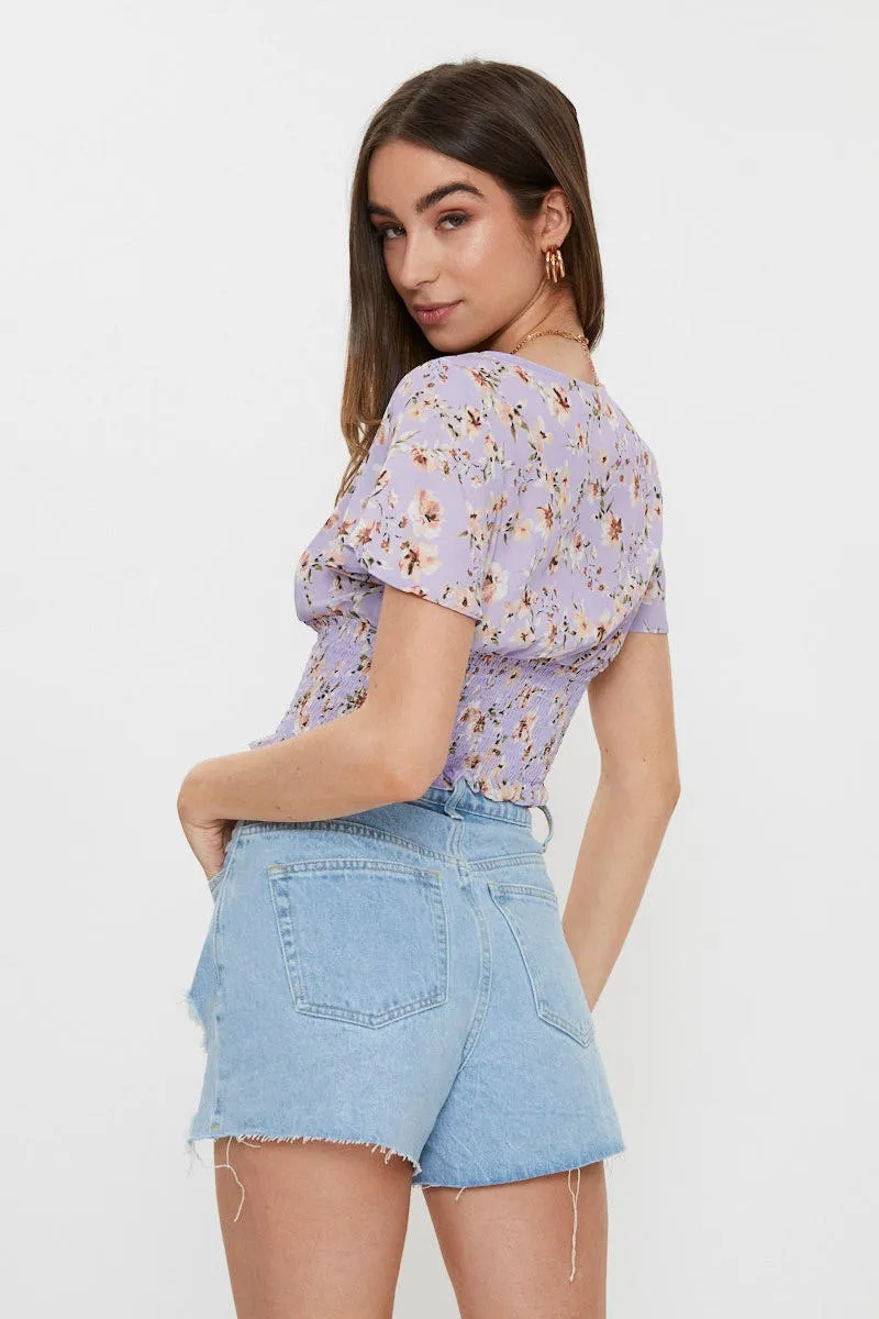Print Print Front Button Shirred Top
