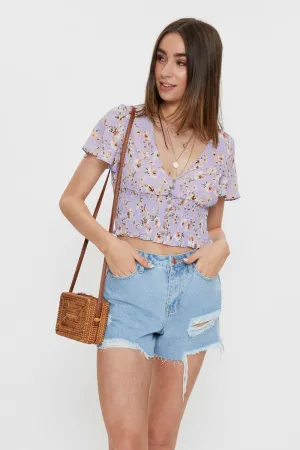 Print Print Front Button Shirred Top
