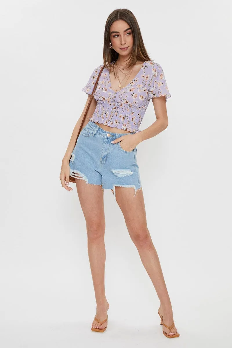 Print Print Front Button Shirred Top