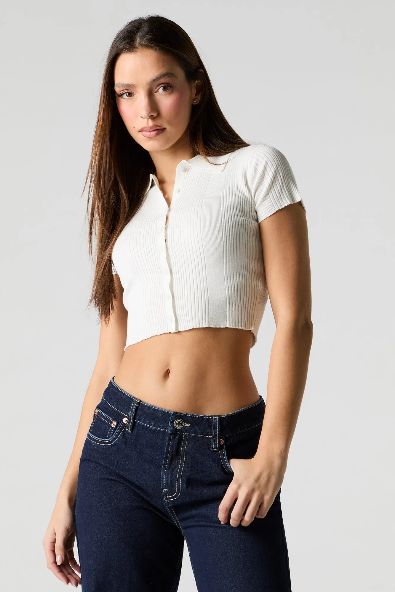 Ribbed Knit Button Front Polo Top