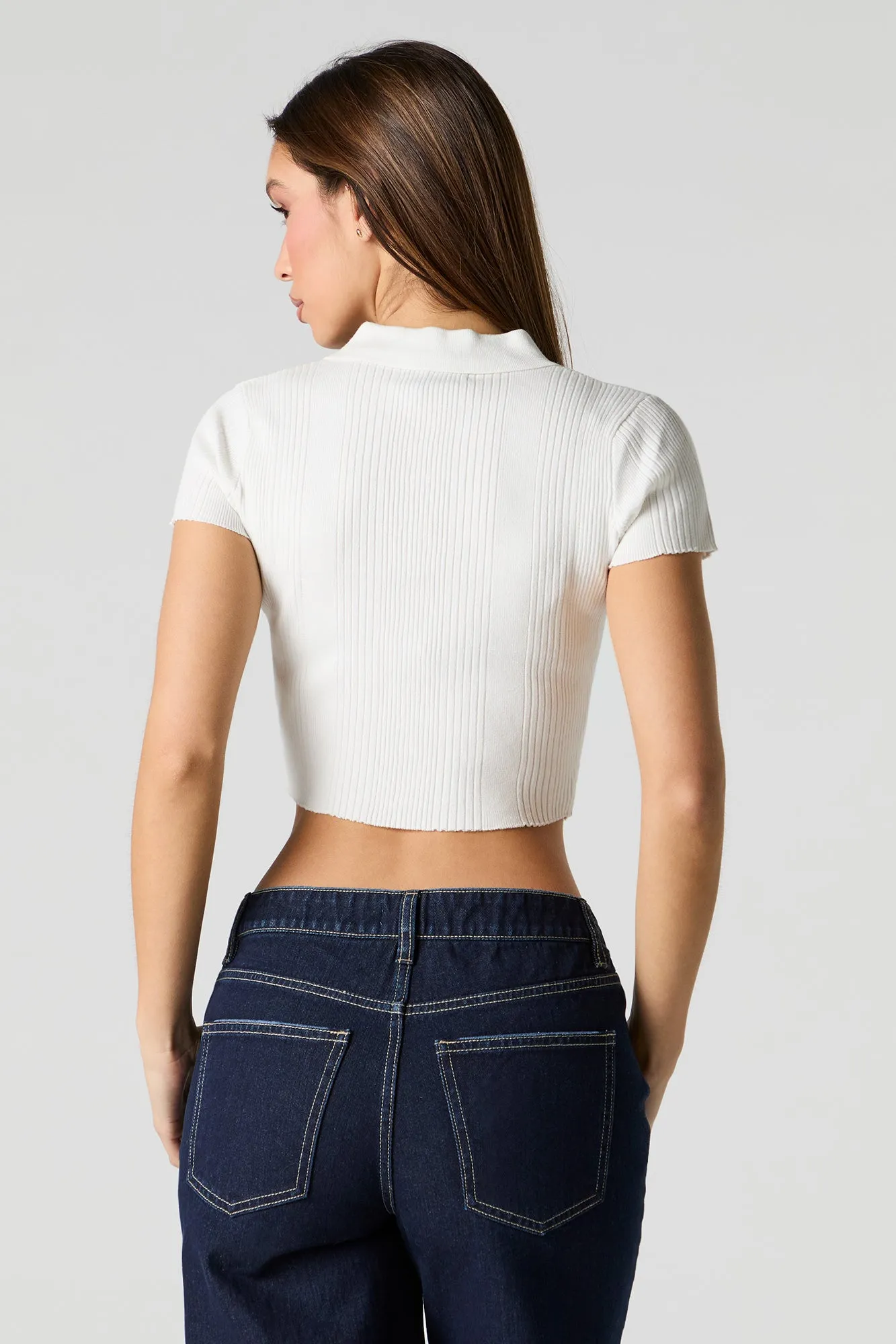 Ribbed Knit Button Front Polo Top