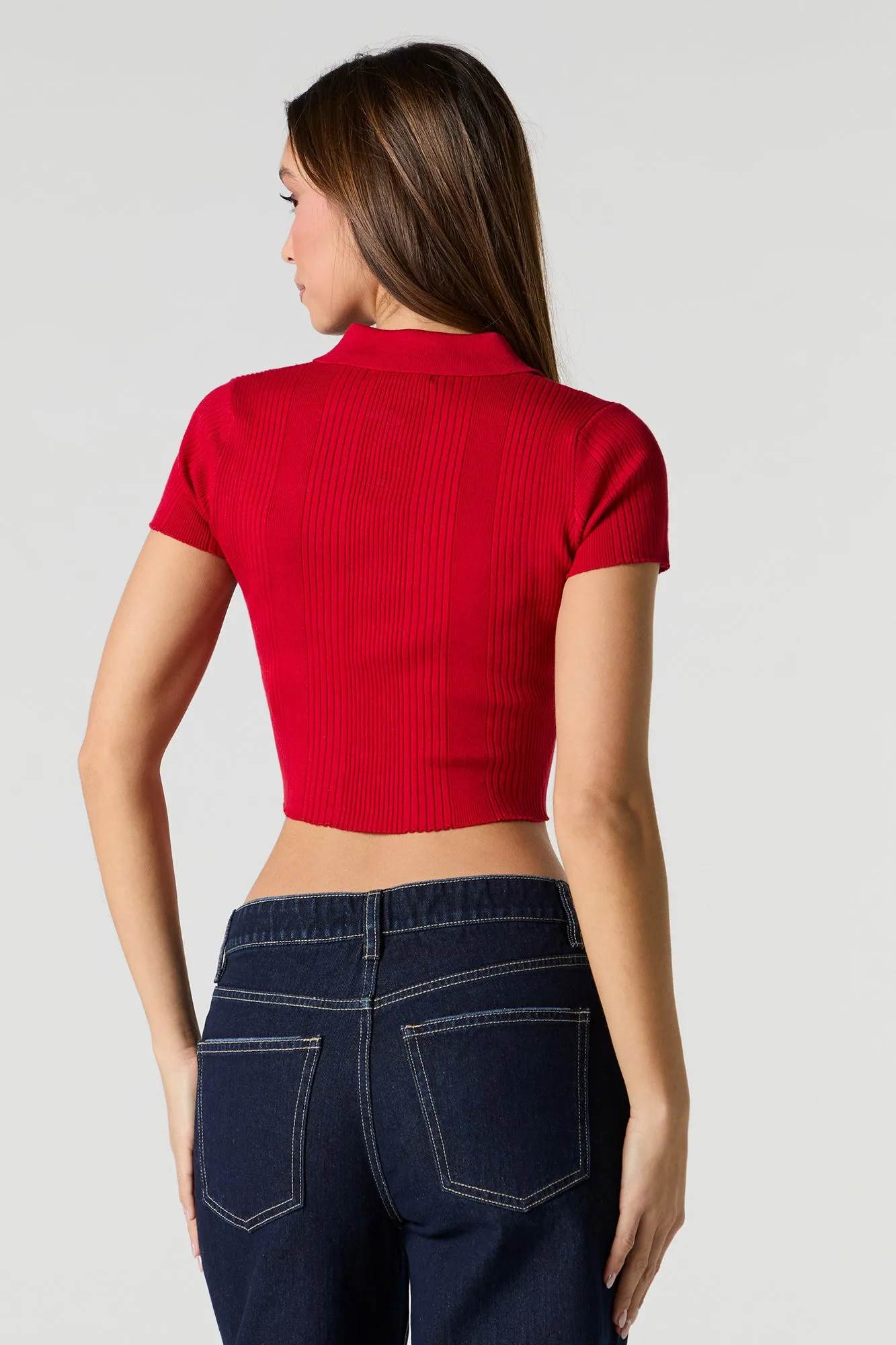 Ribbed Knit Button Front Polo Top