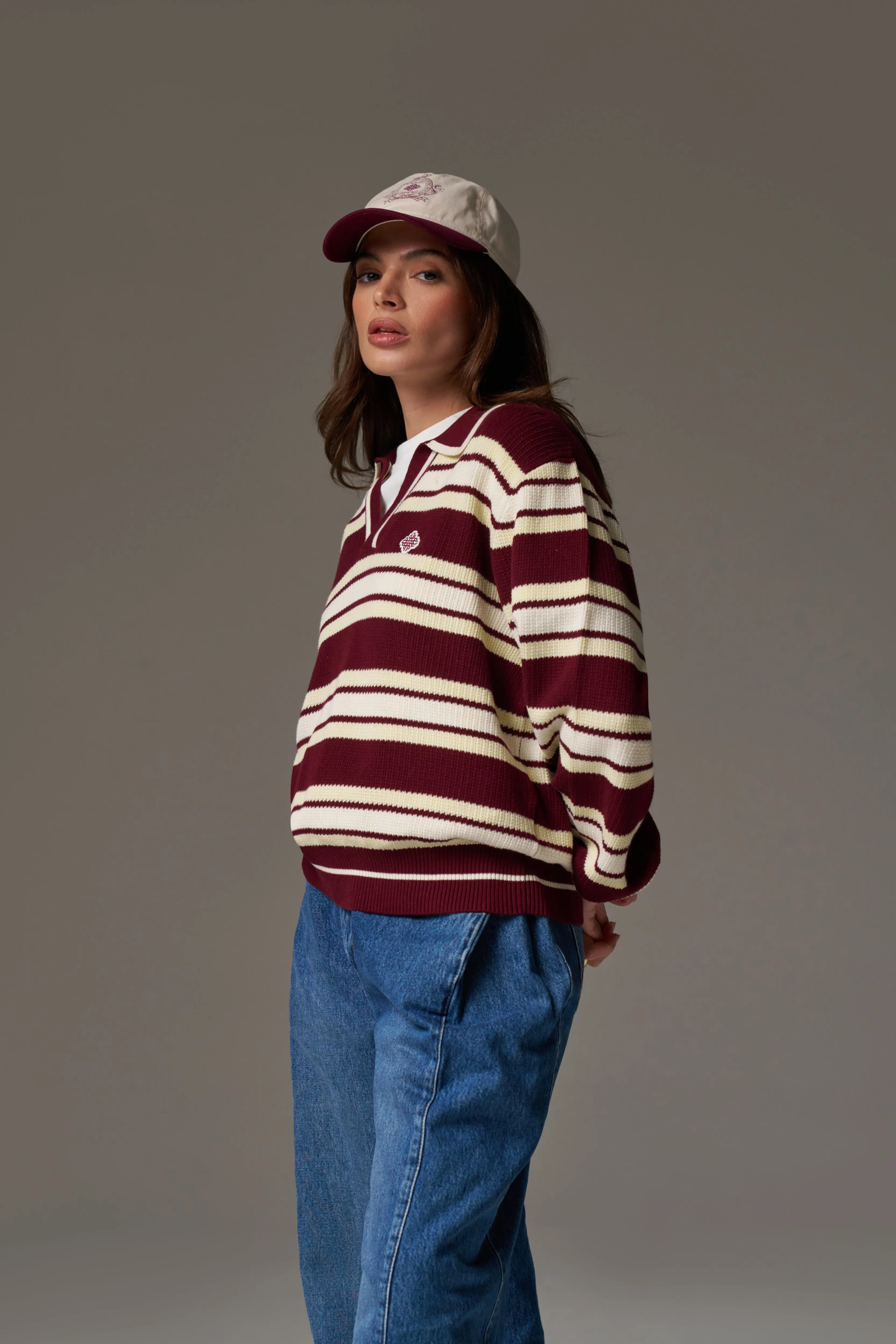 STRIPE KNITTED POLO SWEATSHIRT - BURGUNDY