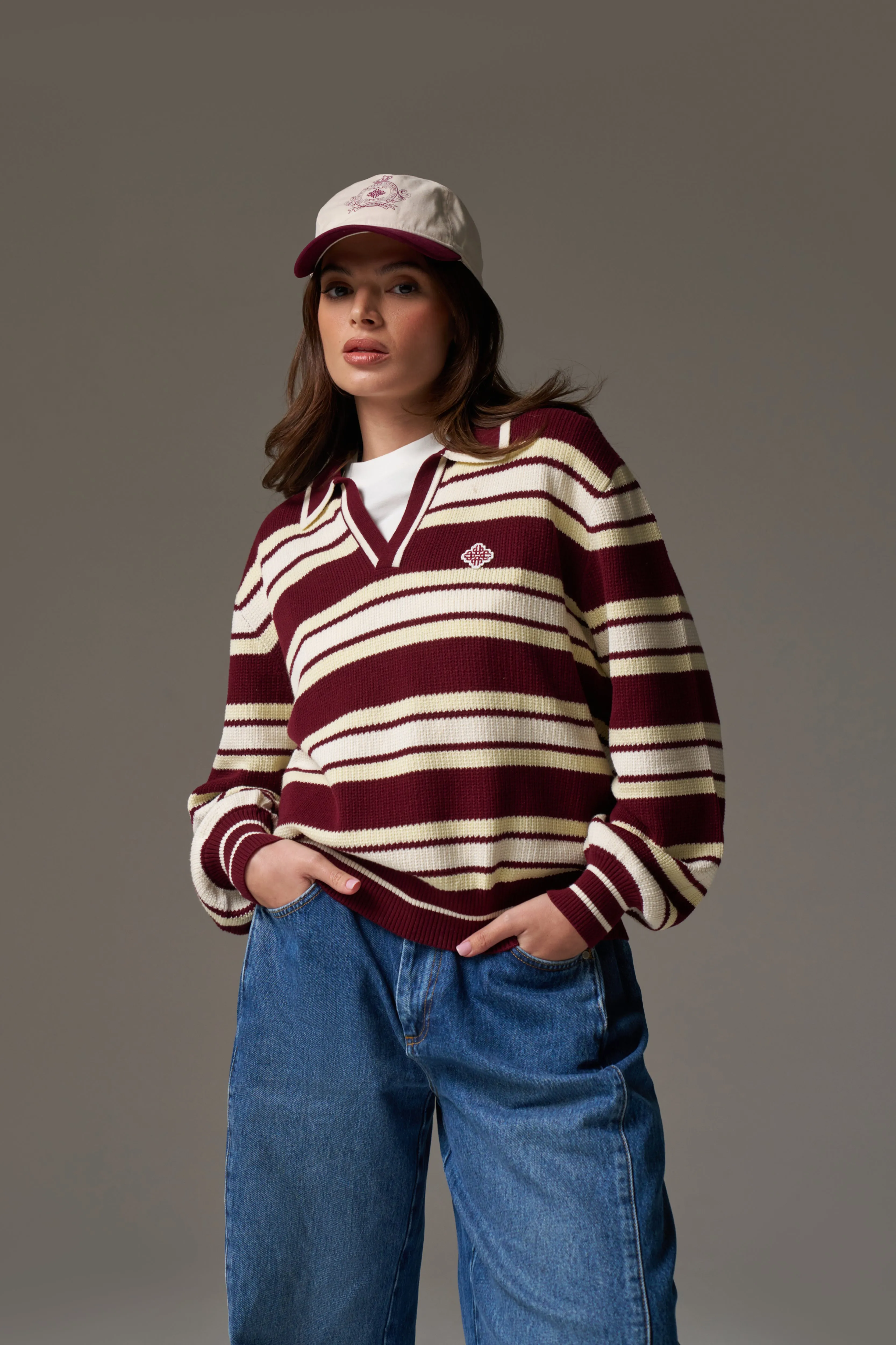 STRIPE KNITTED POLO SWEATSHIRT - BURGUNDY