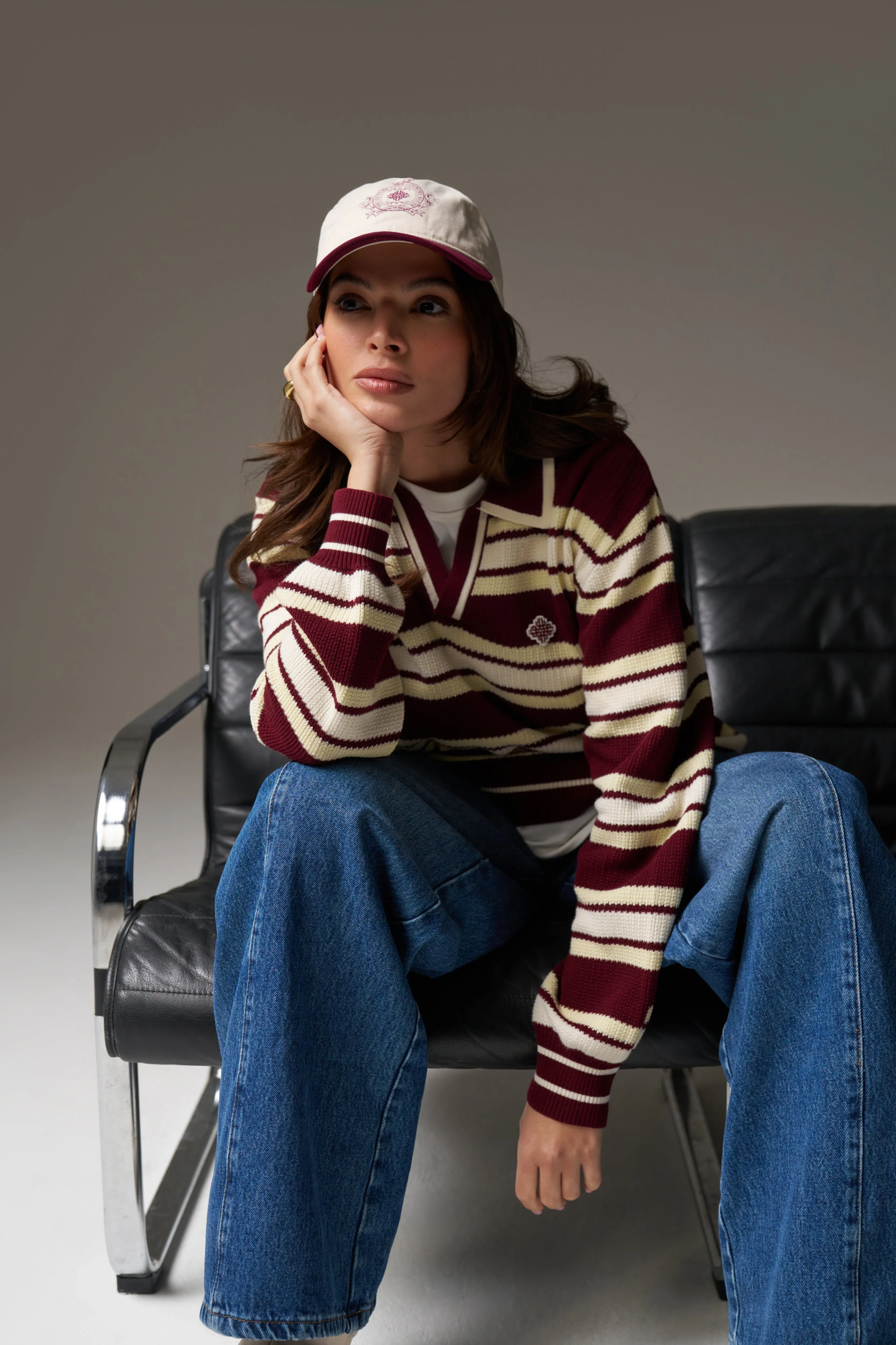 STRIPE KNITTED POLO SWEATSHIRT - BURGUNDY