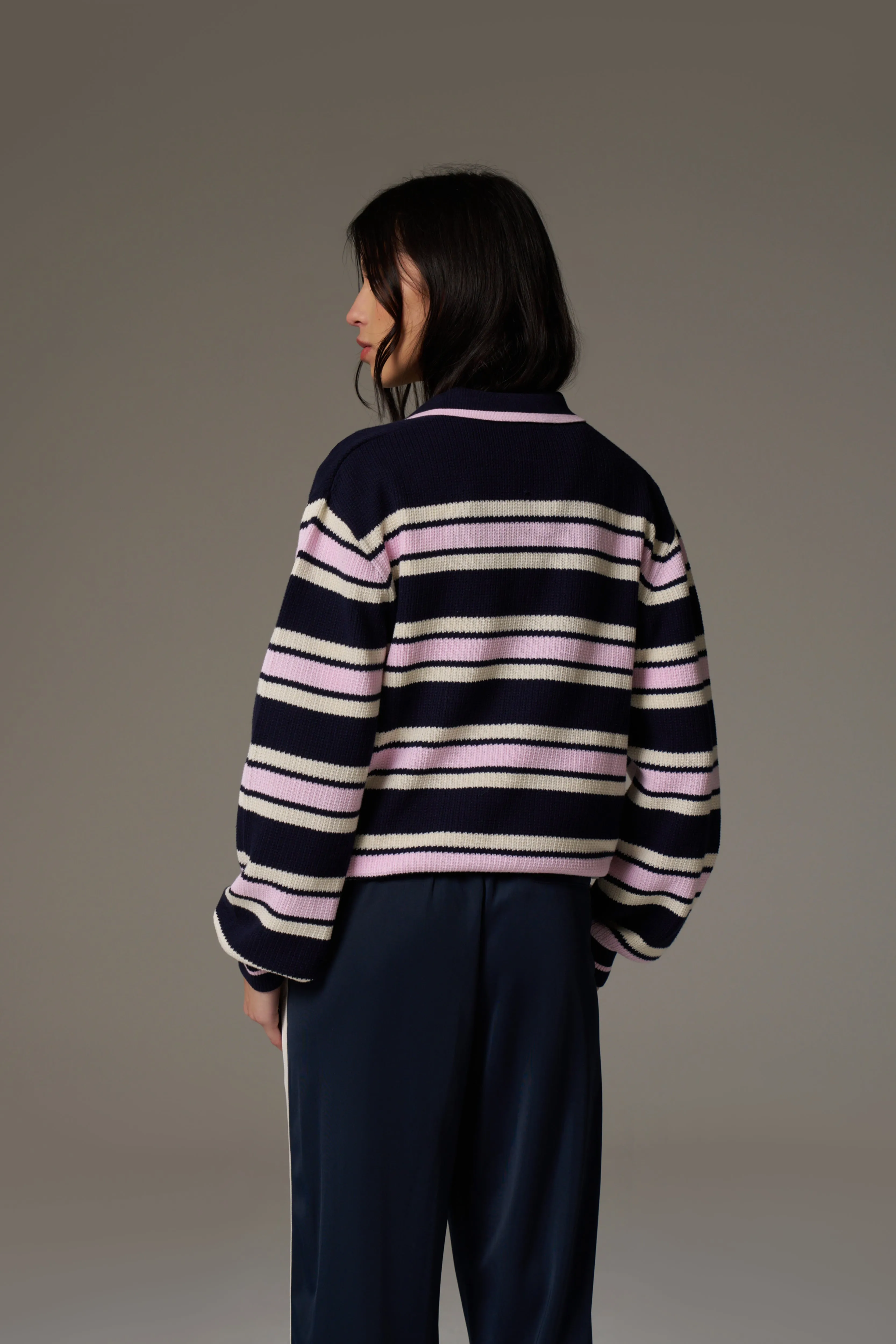 STRIPE KNITTED POLO SWEATSHIRT - NAVY