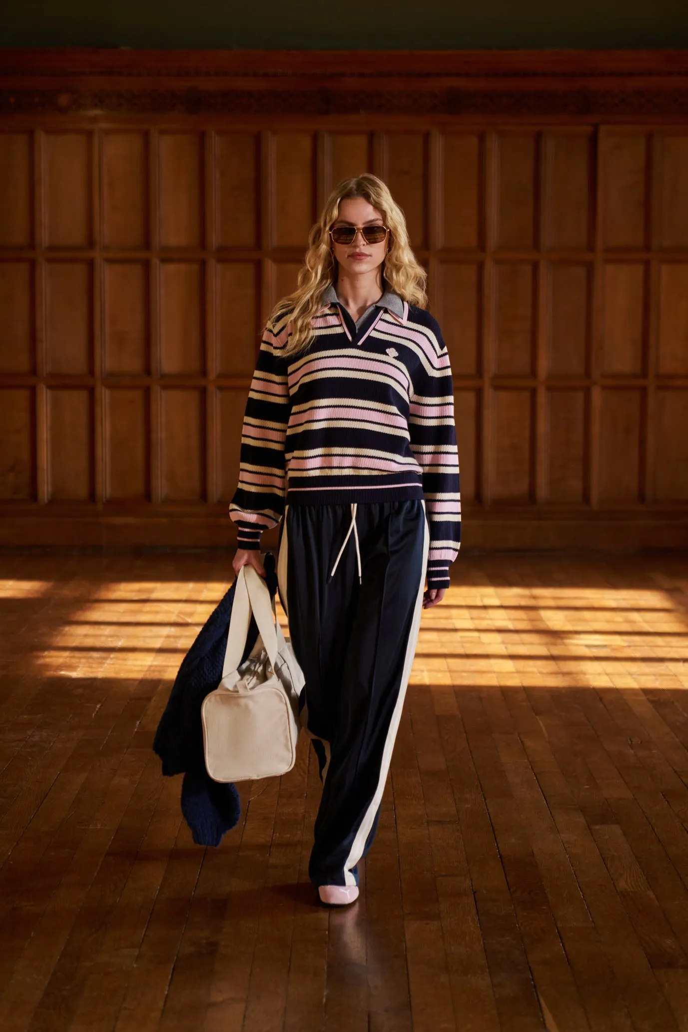 STRIPE KNITTED POLO SWEATSHIRT - NAVY