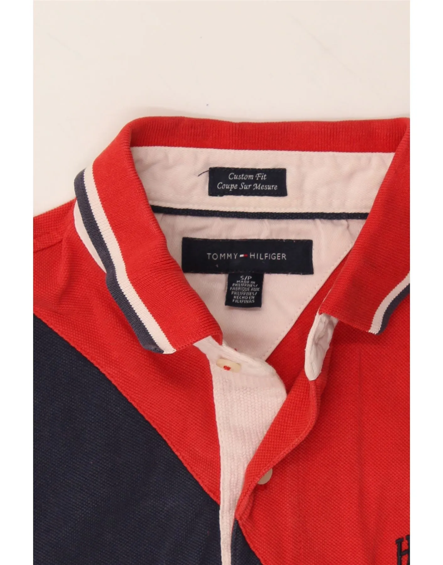 TOMMY HILFIGER Mens Graphic Rugby Polo Shirt Small Red Colourblock