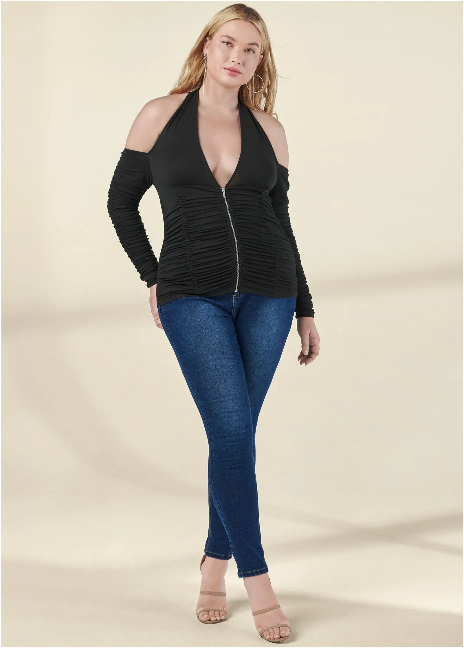 Zip-Up Ruched V-Neck Top - Black