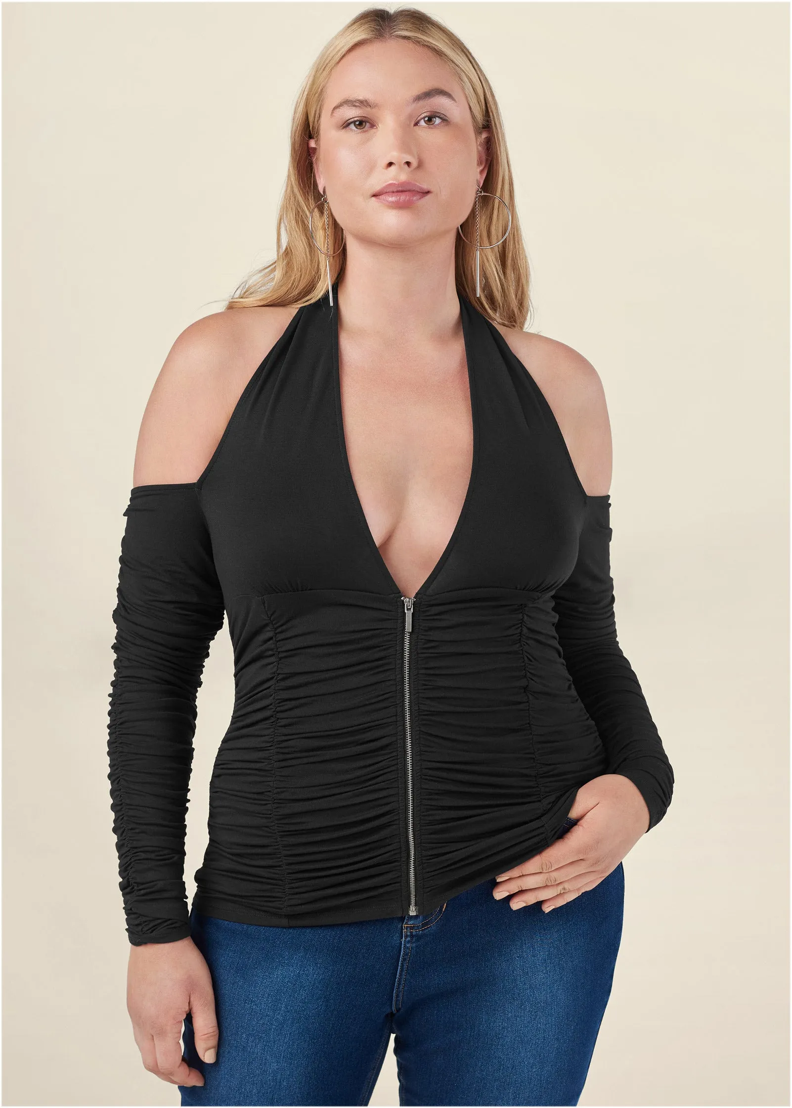 Zip-Up Ruched V-Neck Top - Black