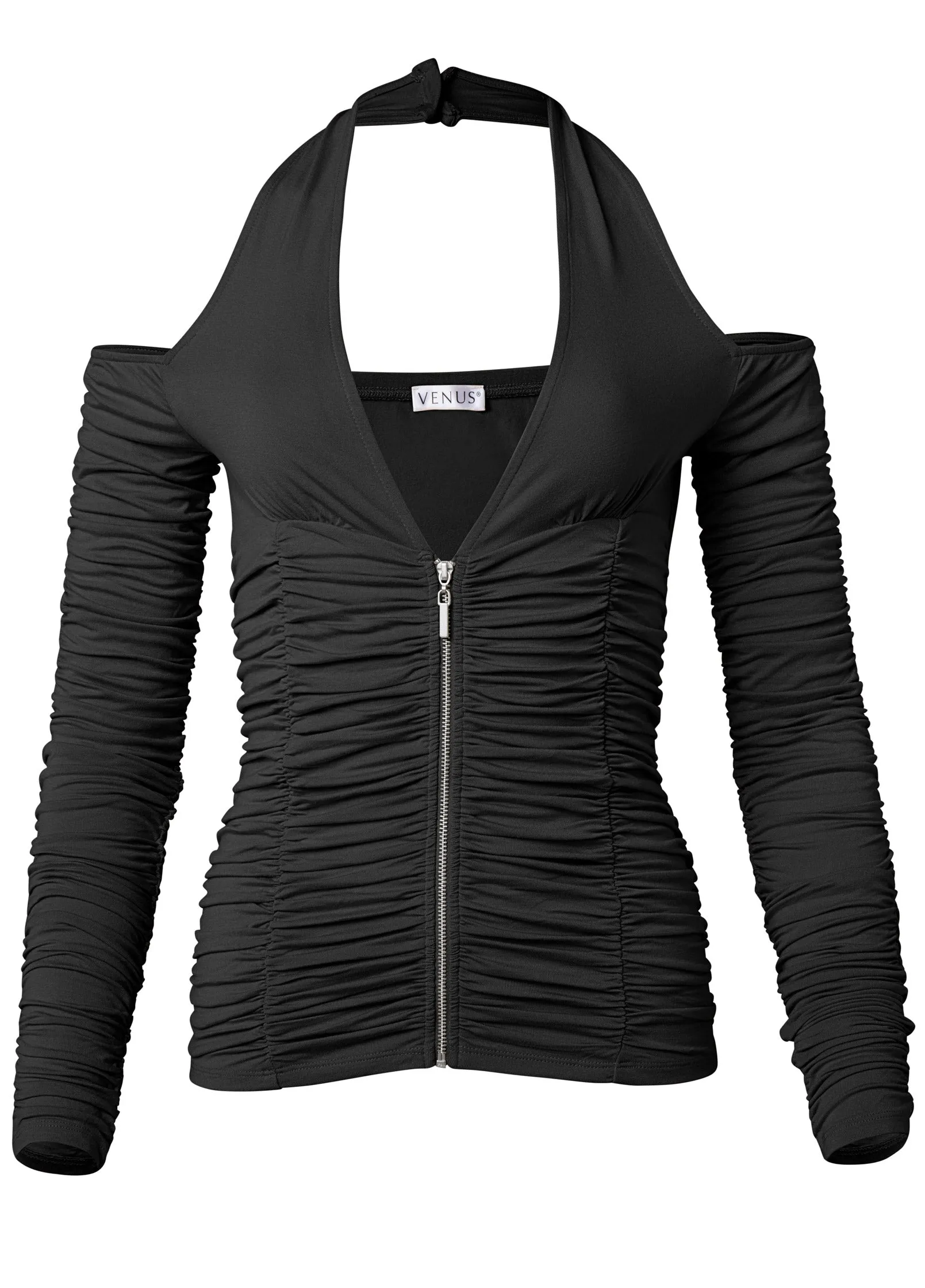 Zip-Up Ruched V-Neck Top - Black