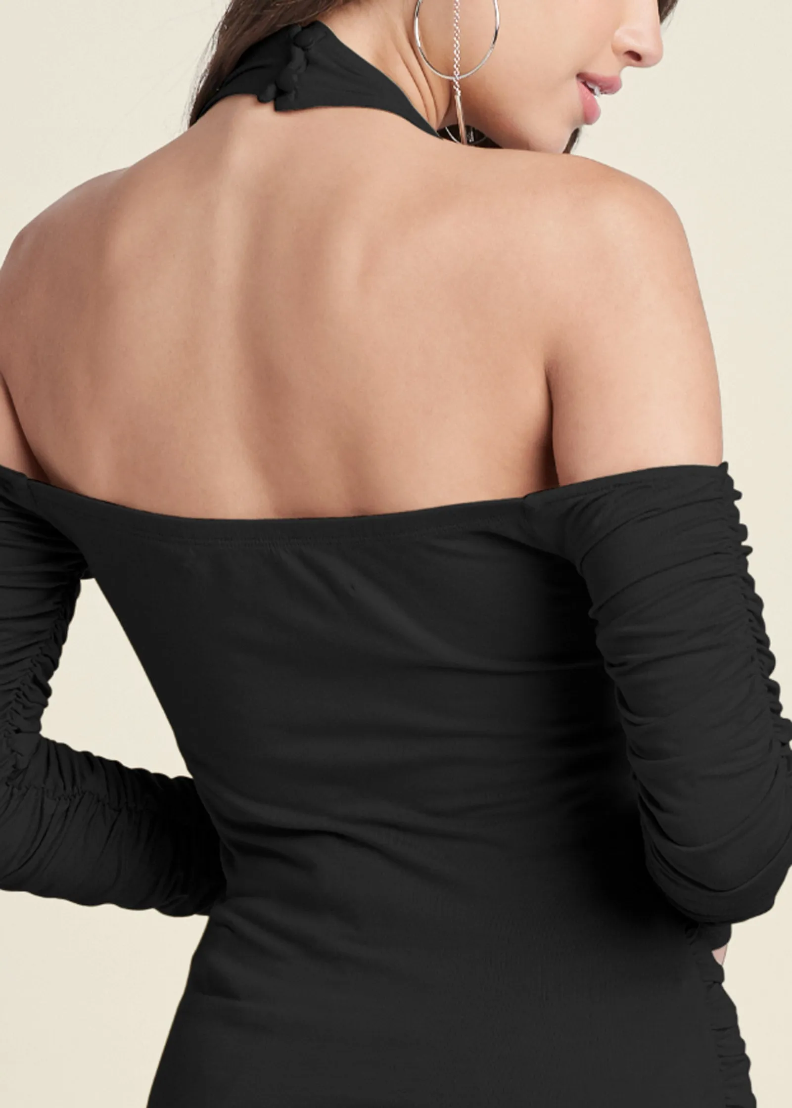 Zip-Up Ruched V-Neck Top - Black