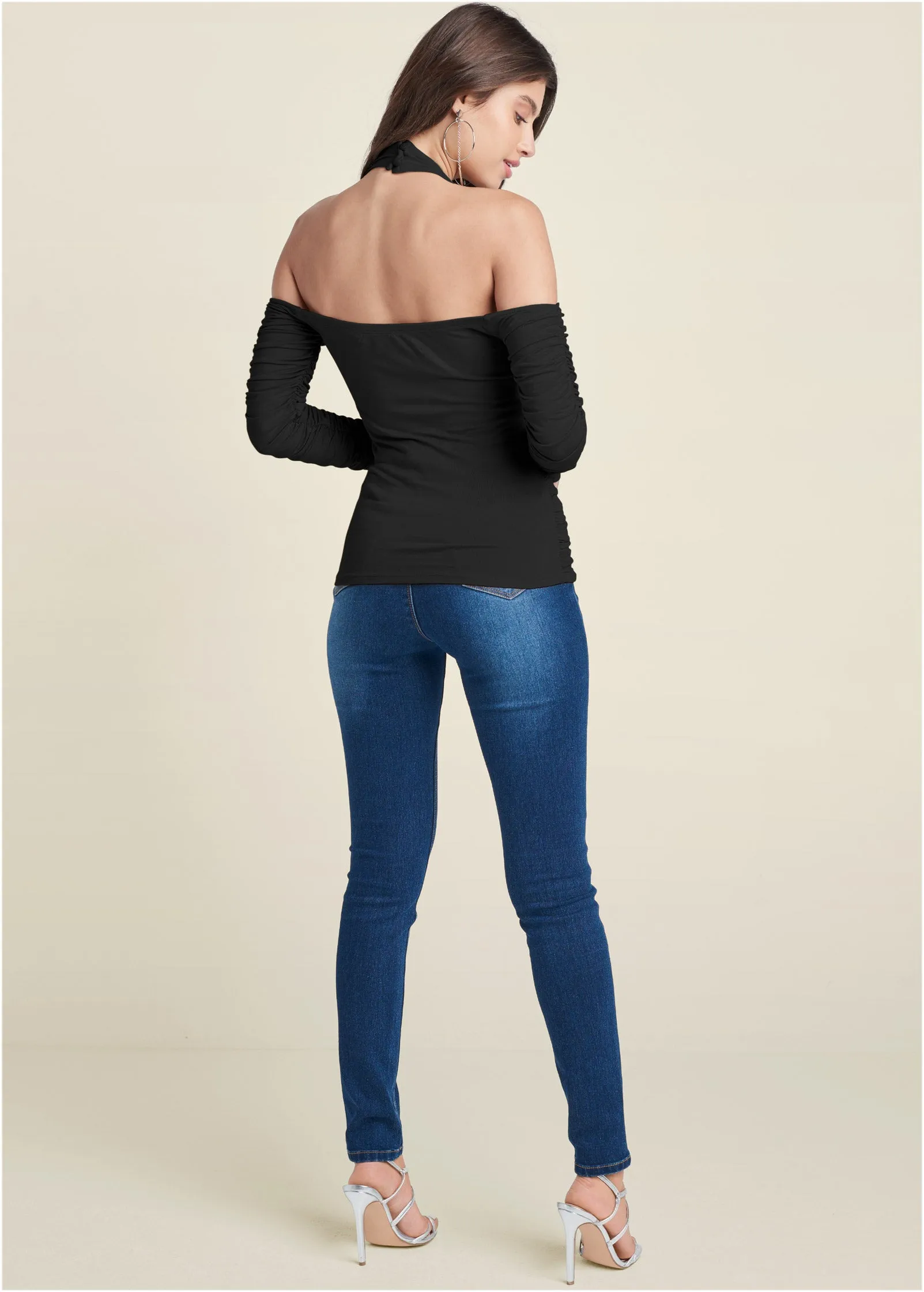 Zip-Up Ruched V-Neck Top - Black