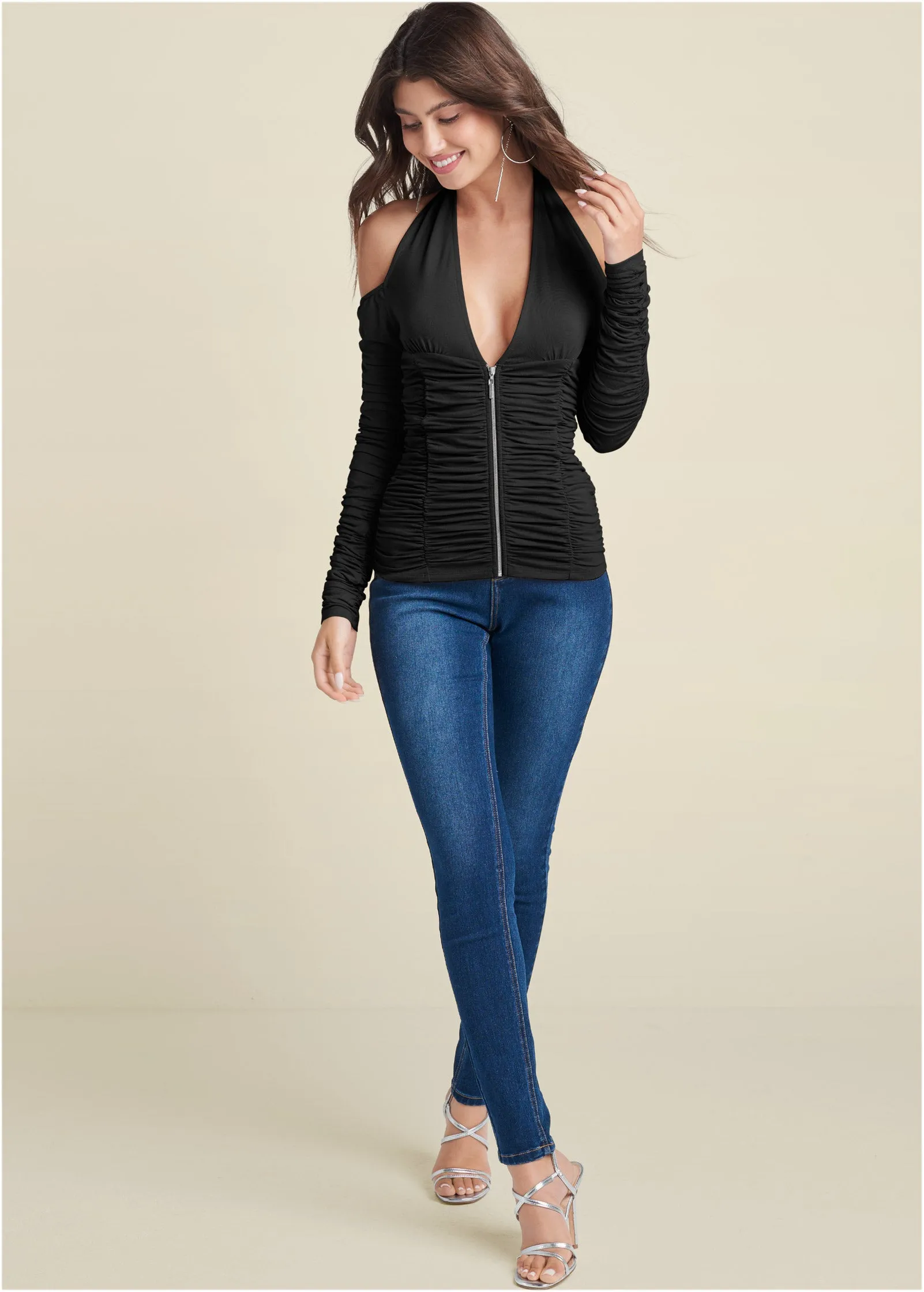 Zip-Up Ruched V-Neck Top - Black