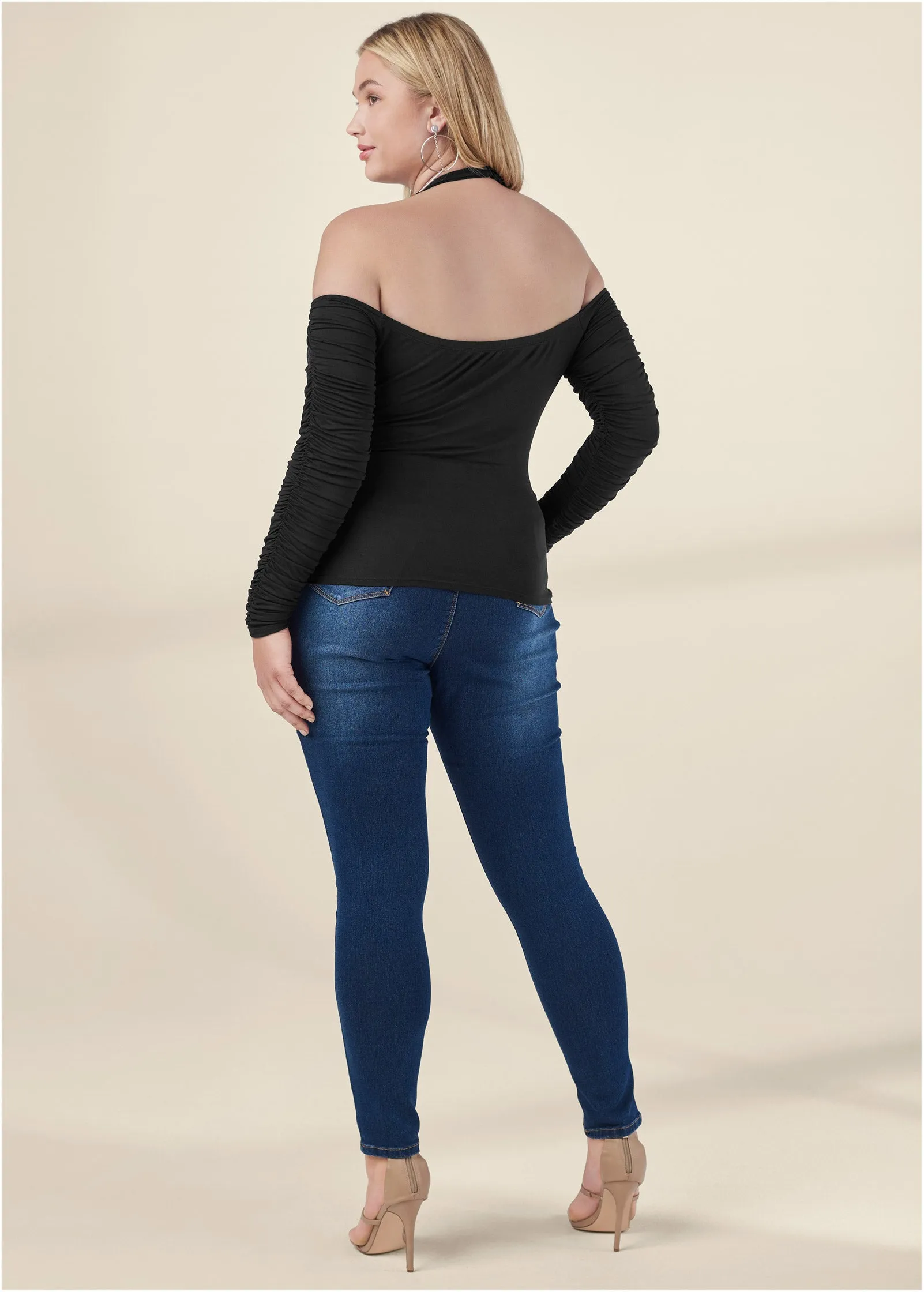 Zip-Up Ruched V-Neck Top - Black